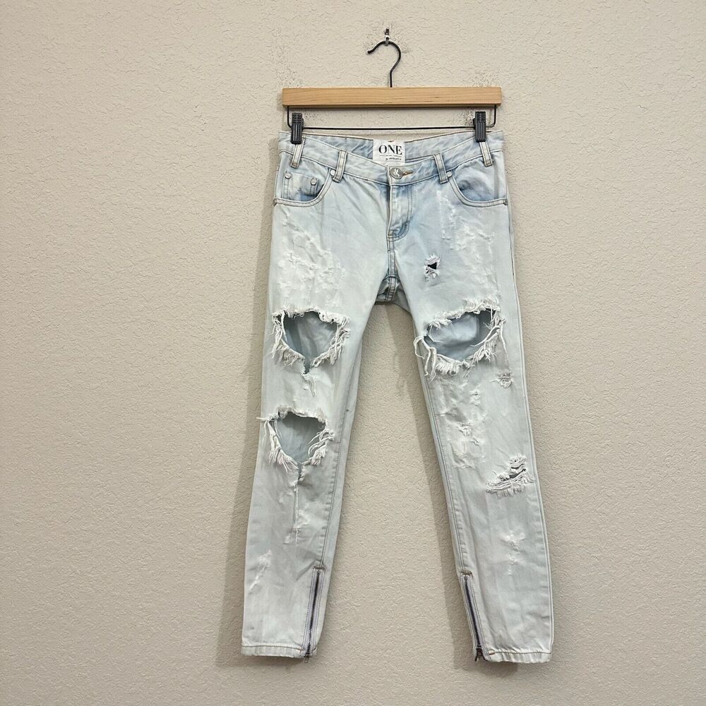 ONE x ONE TEASPOON Trashed Freebirds Distressed Ripped Jeans Ankle Zip